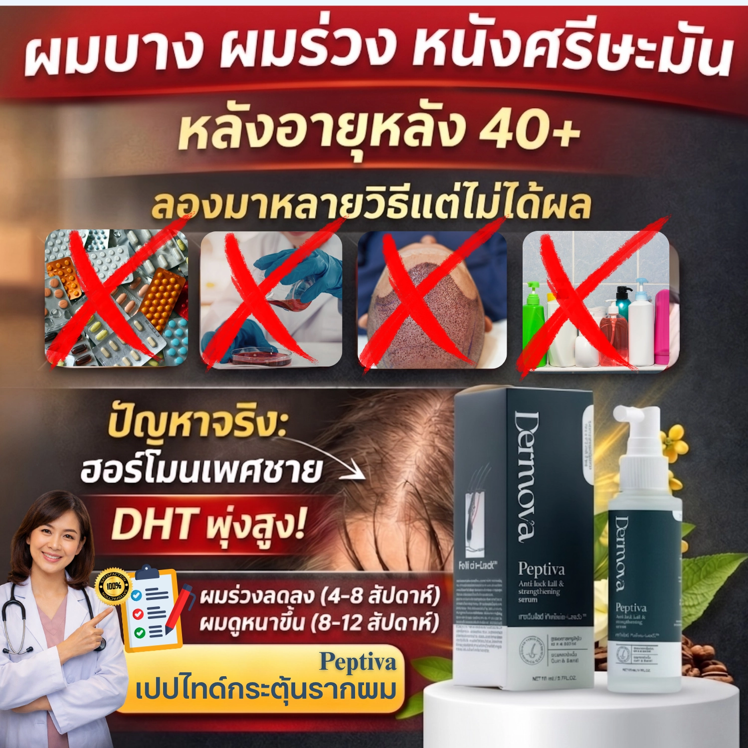 ผมเกิดใหม่เส้นหนา ลดหลุดร่วงชัดเจนด้วยเปปไทด์