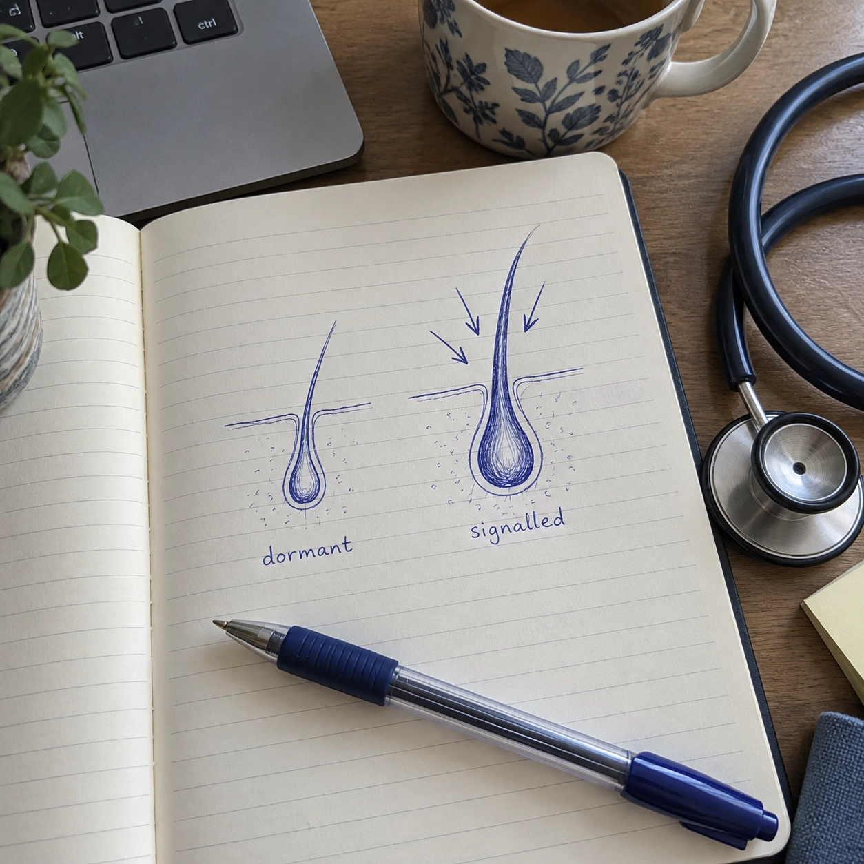 A quiet follicle can be signalled back into work with peptides and PDRN.