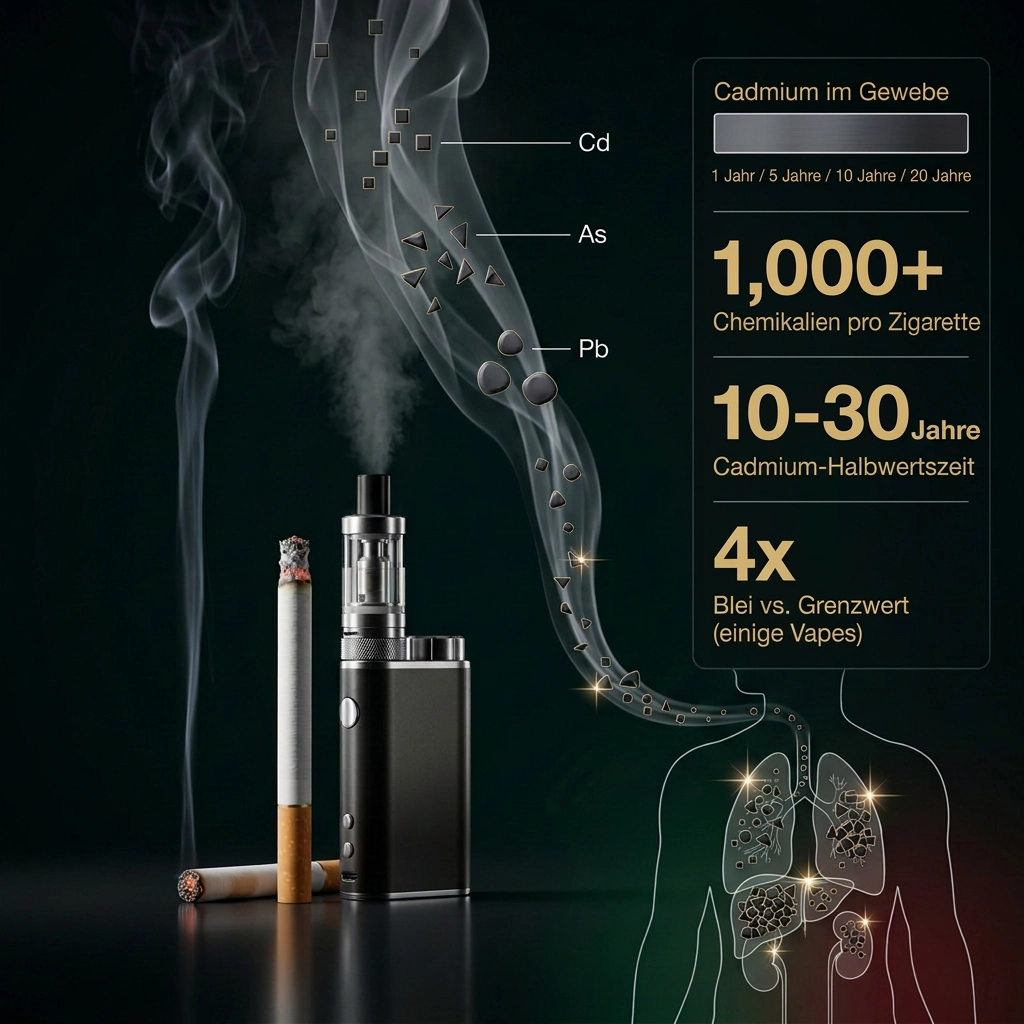 Zigaretten und Vapes enthalten Schwermetalle, die sich über Jahrzehnte anreichern