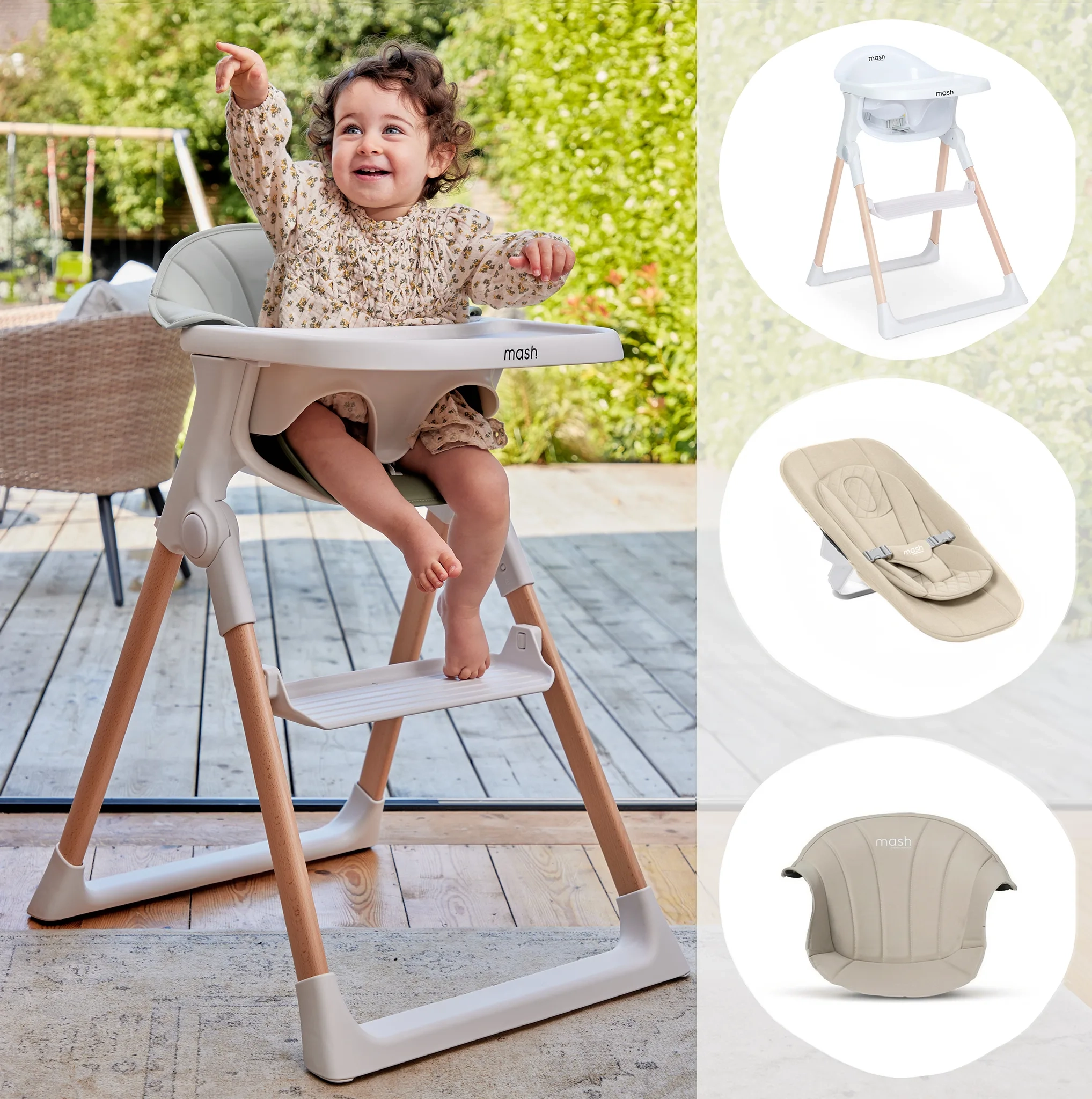 White High Chair, Newborn Seat & Toast Cushion