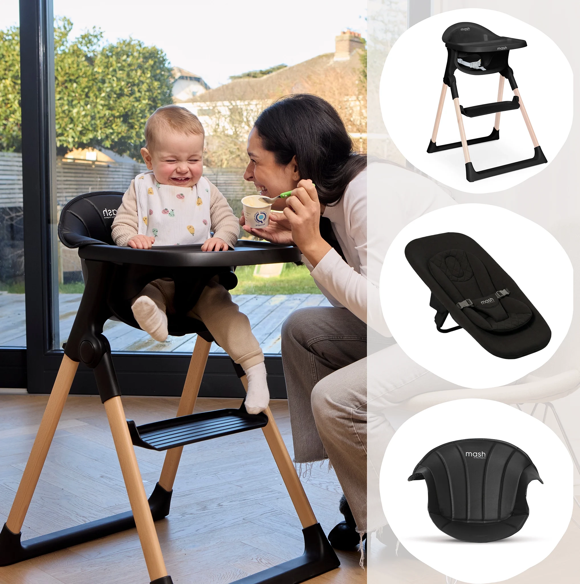 Black High Chair, Newborn Seat & Cushion