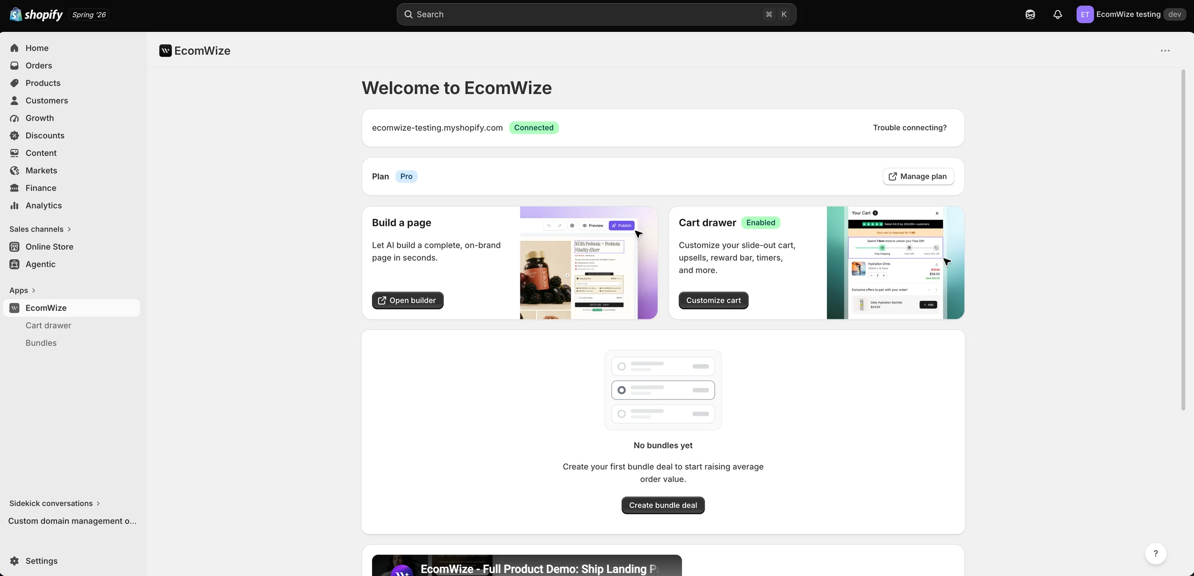 EcomWize app home inside Shopify admin with Cart drawer and Bundles