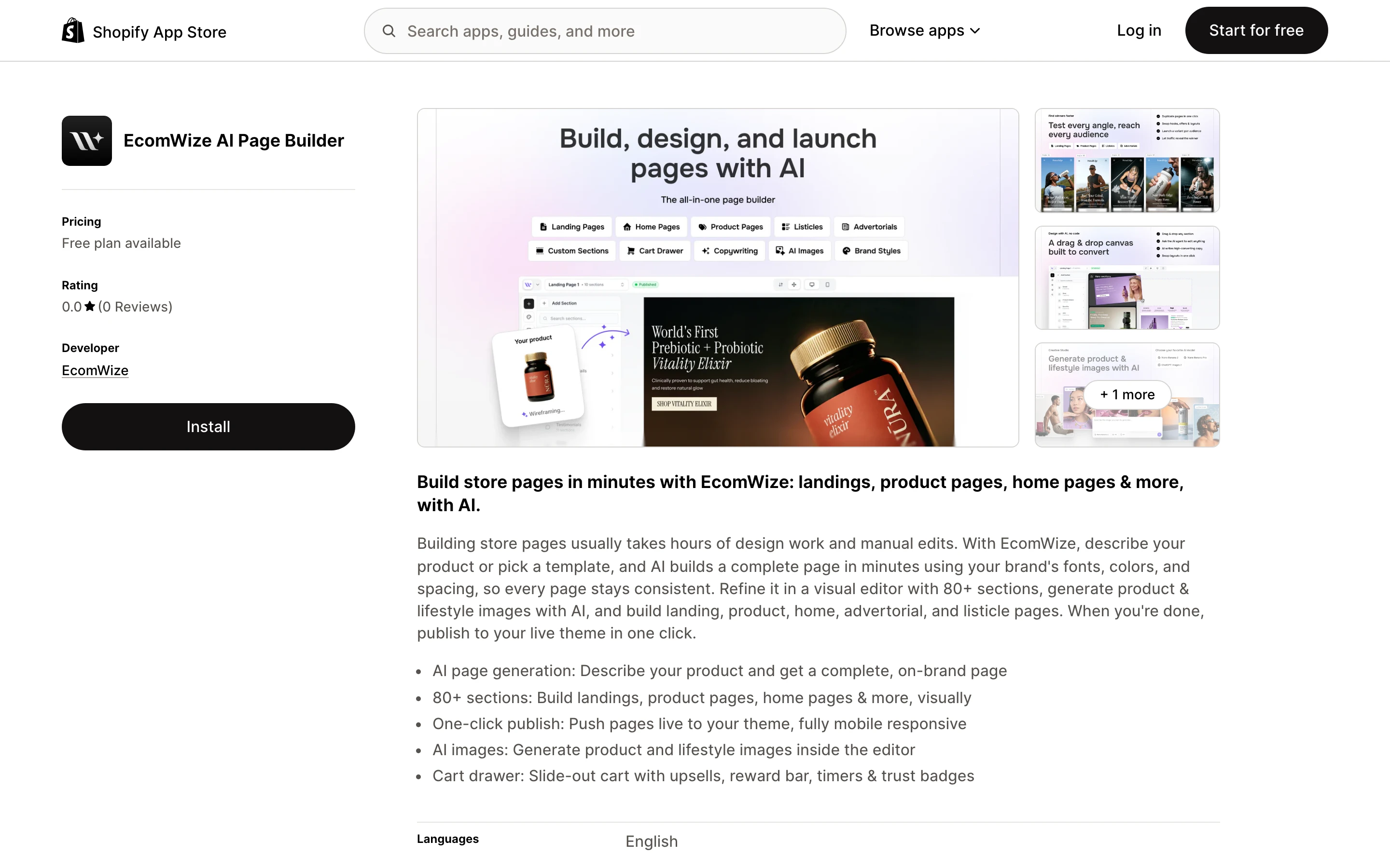 EcomWize AI Page Builder on the Shopify App Store, one-click Install