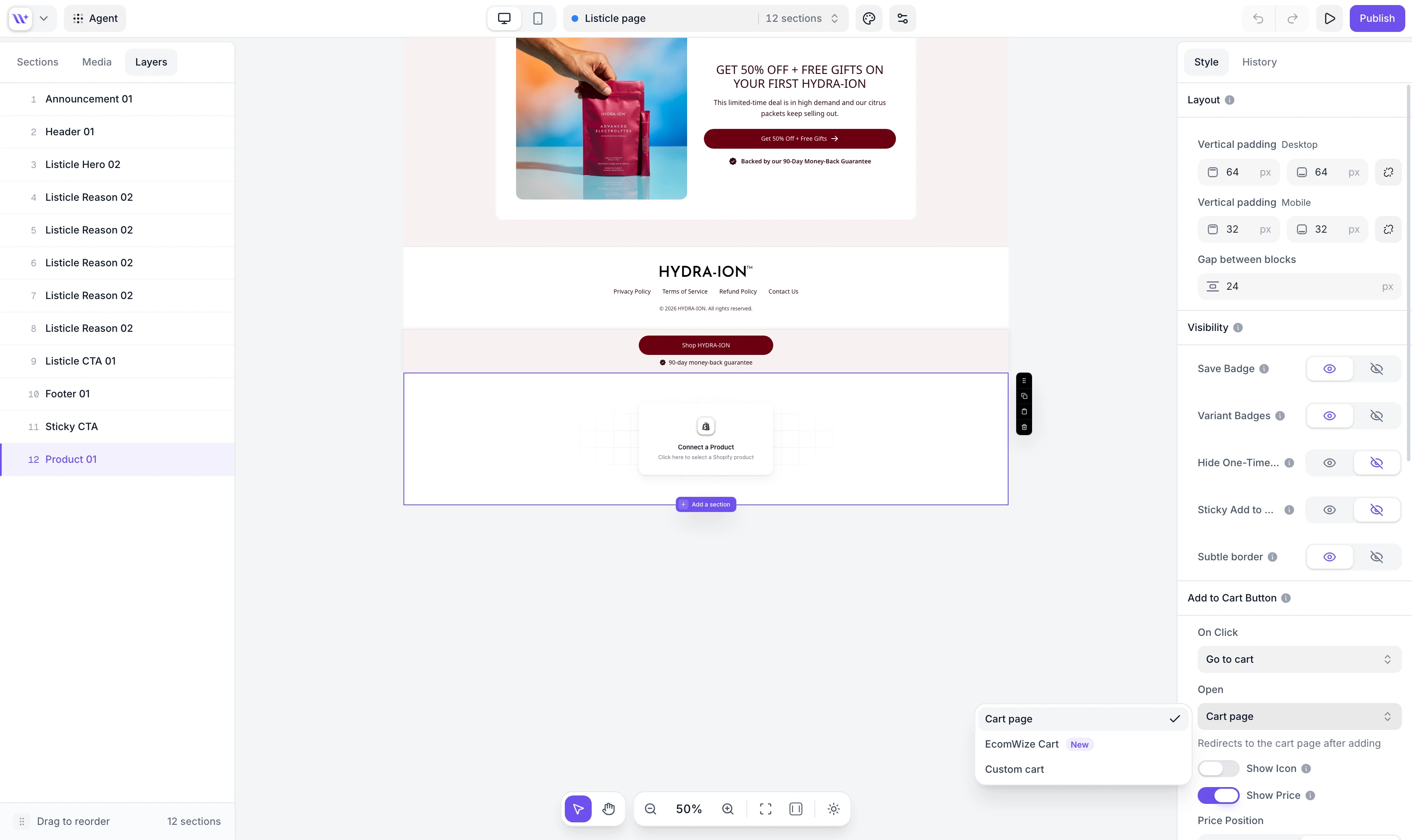 Add to Cart Open option with EcomWize Cart selected in the builder