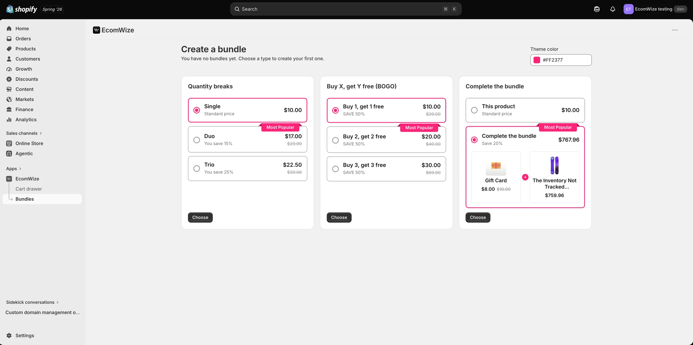 Create a bundle: Quantity breaks, BOGO, and Complete the bundle types