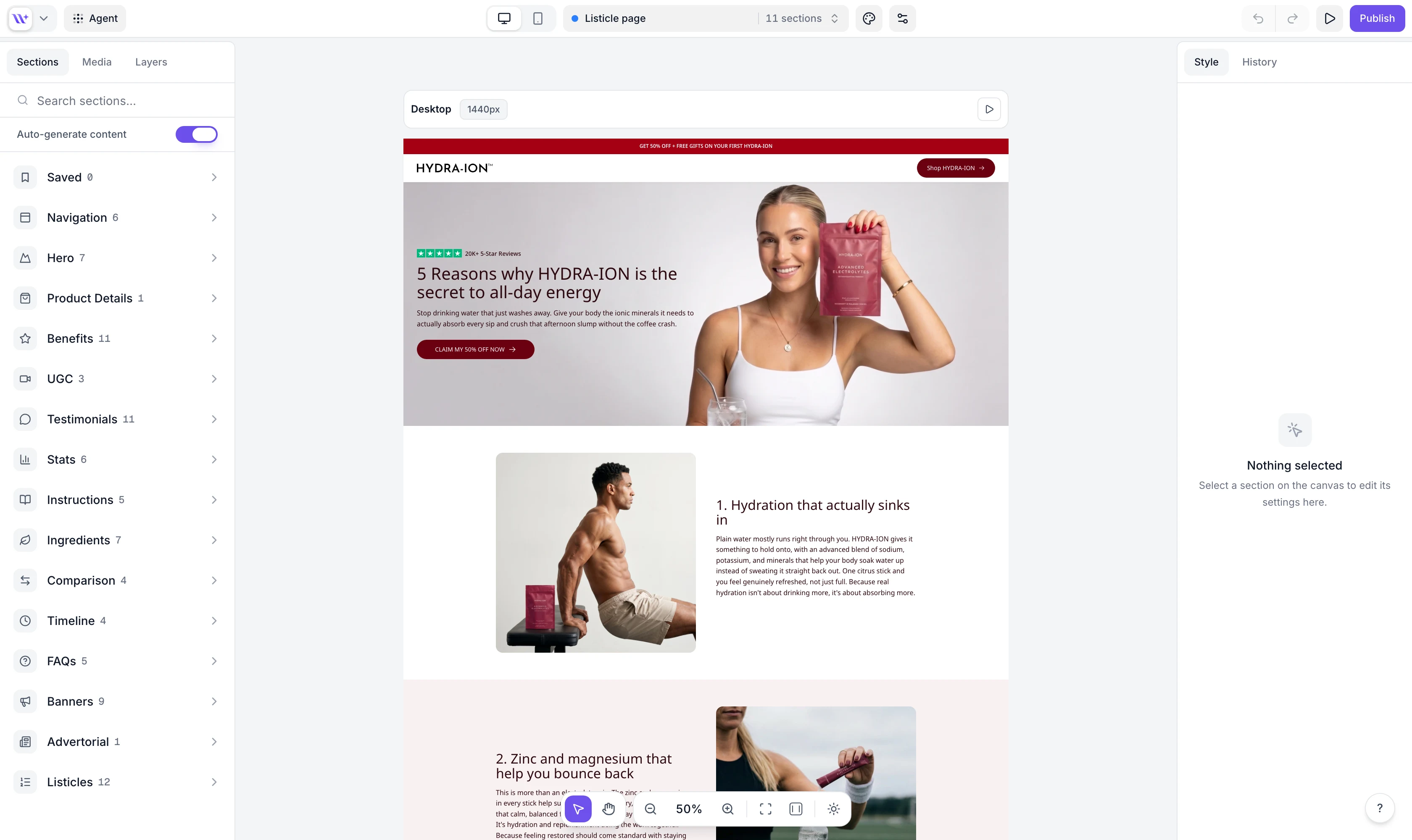 The builder canvas in desktop view