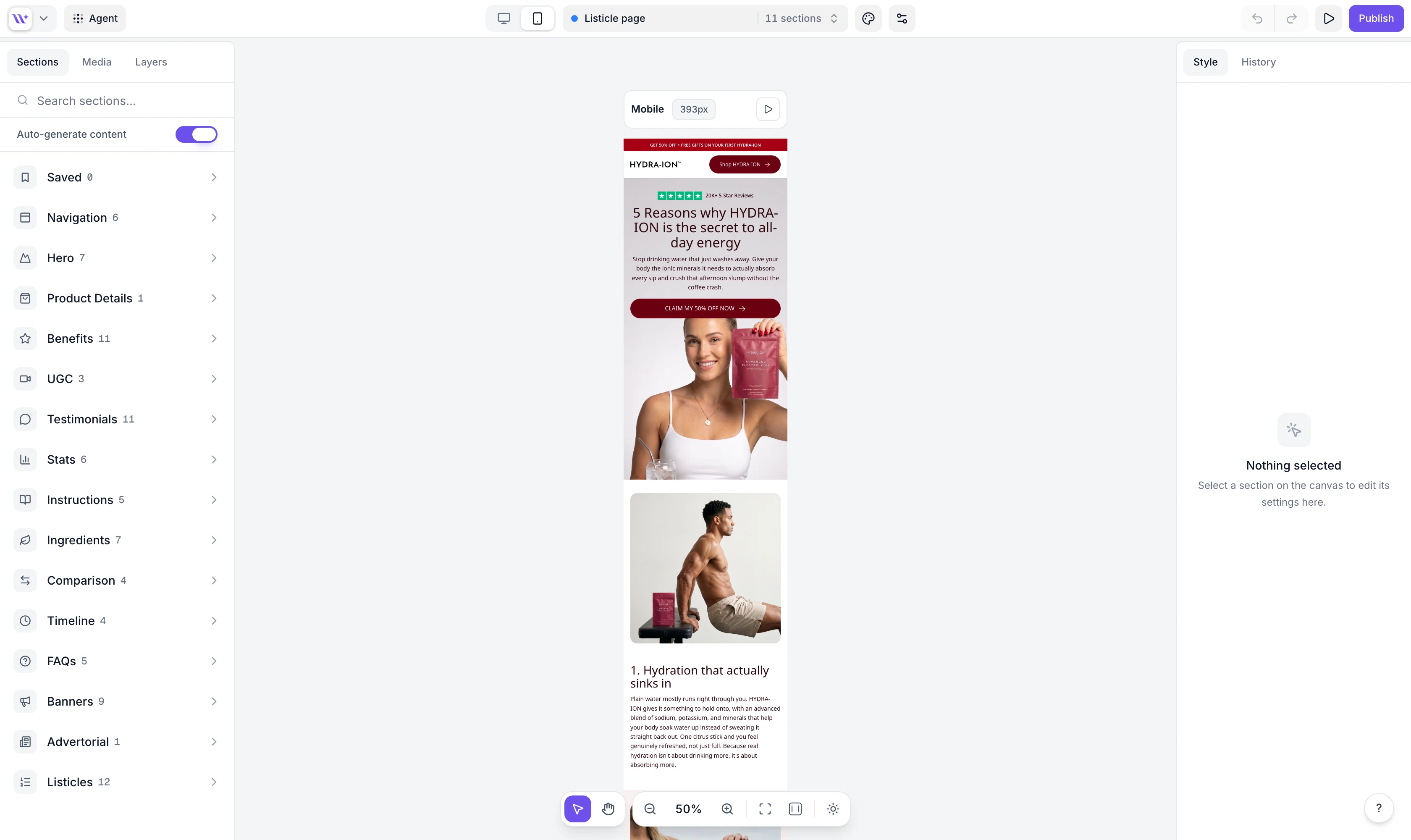 The builder canvas in mobile view (393px)