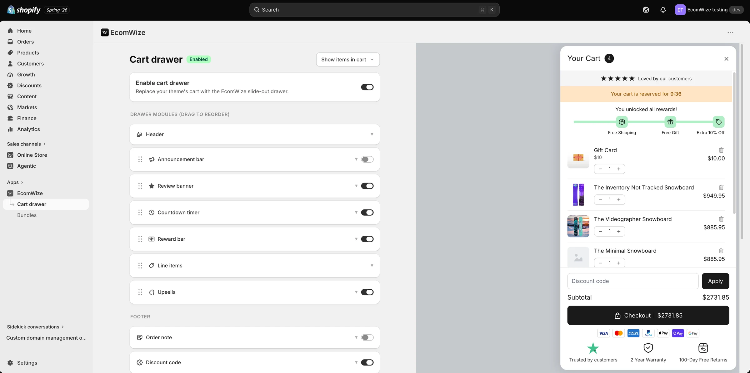 Cart drawer settings with drawer modules and live cart preview