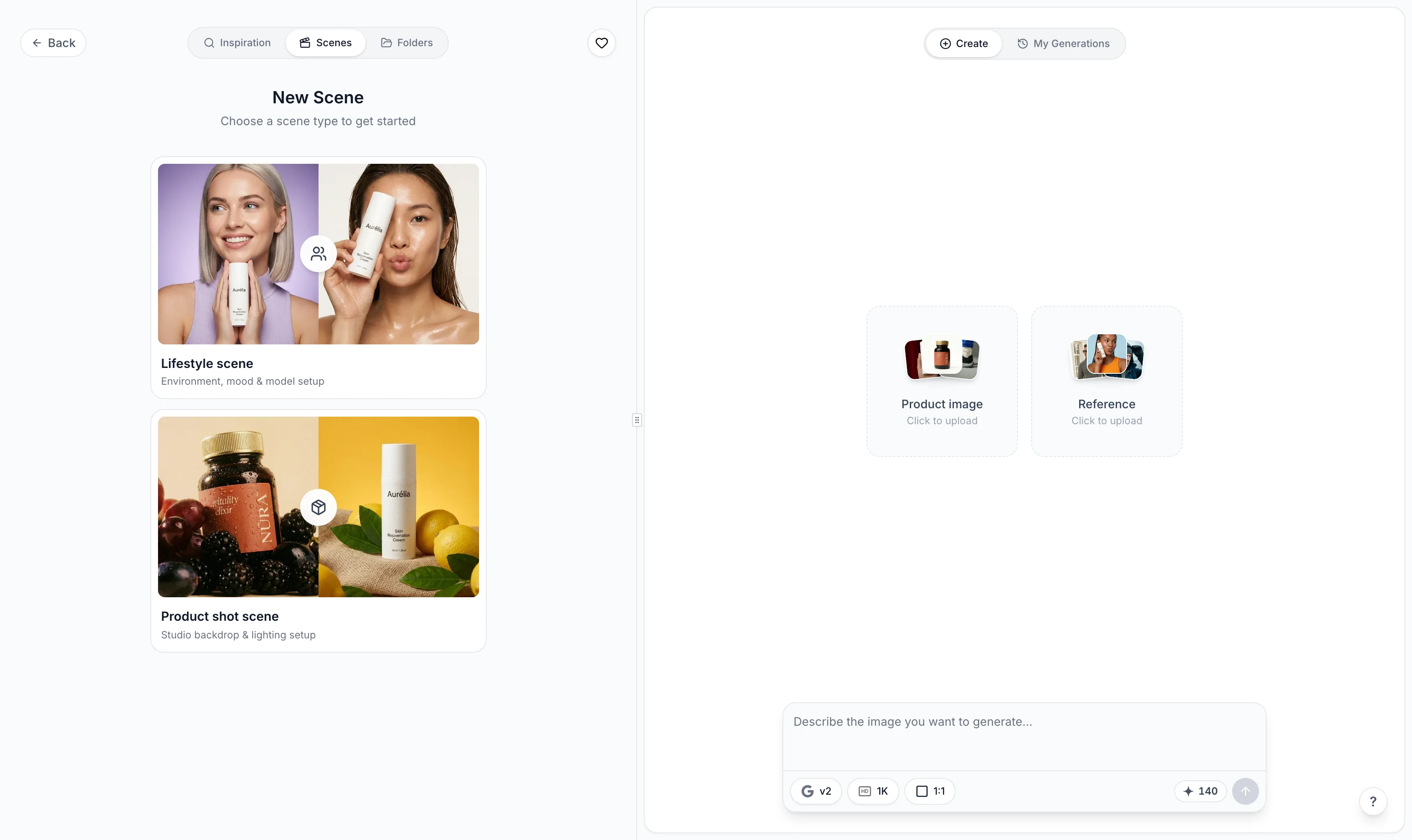 New Scene picker with Lifestyle scene and Product shot scene types
