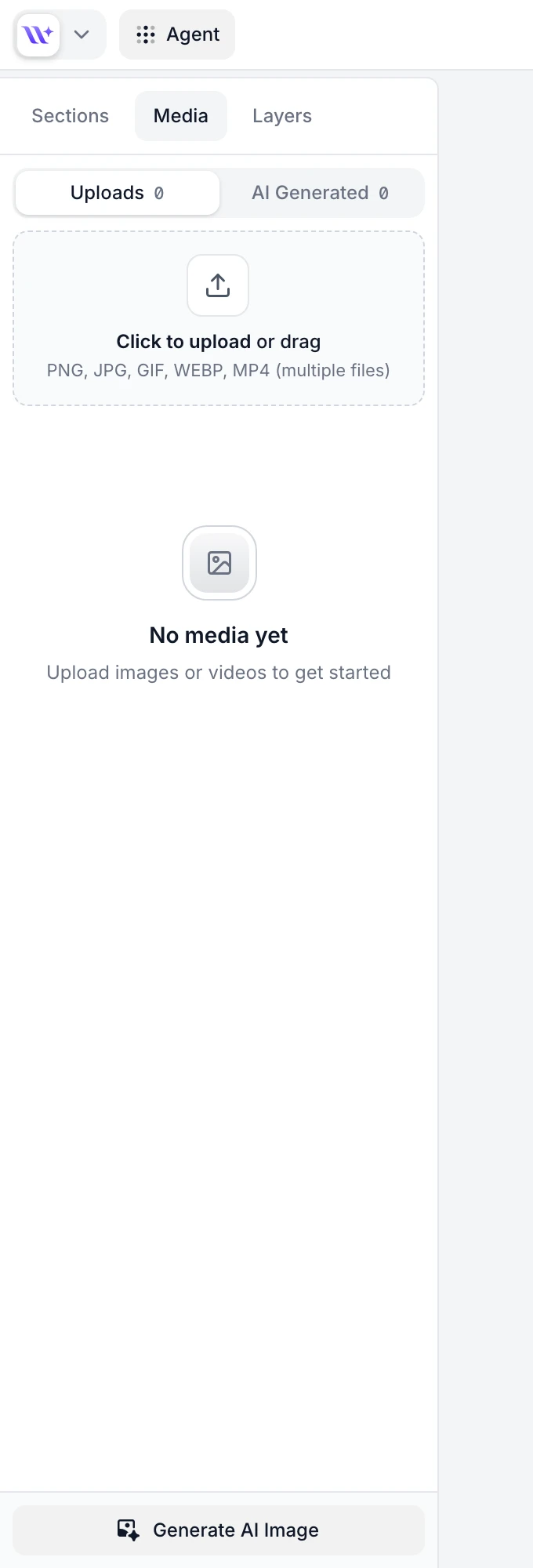 Media panel with upload area for images and videos