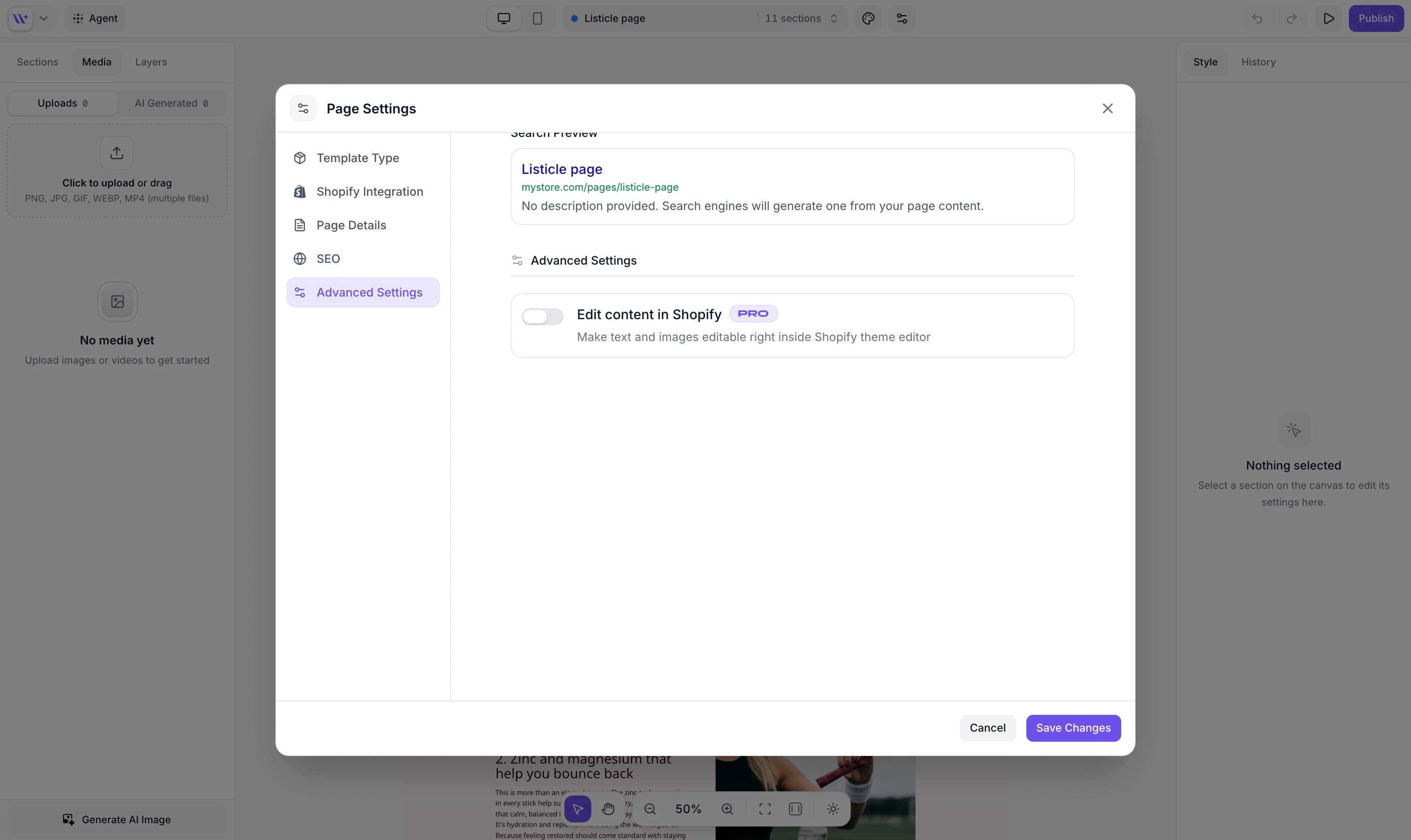 Edit content in Shopify toggle in Page Settings Advanced Settings