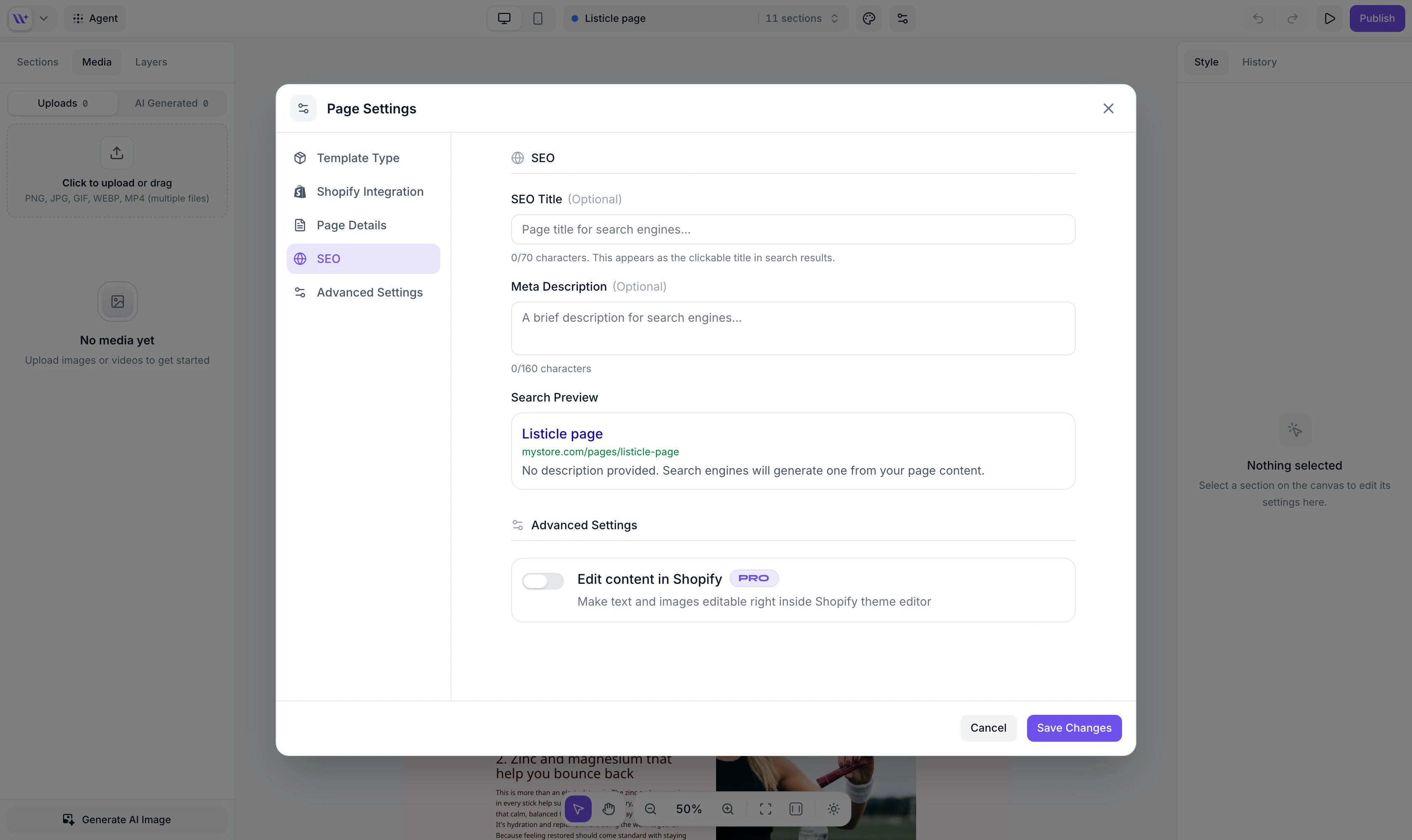 Page Settings SEO tab with Meta Description and search preview