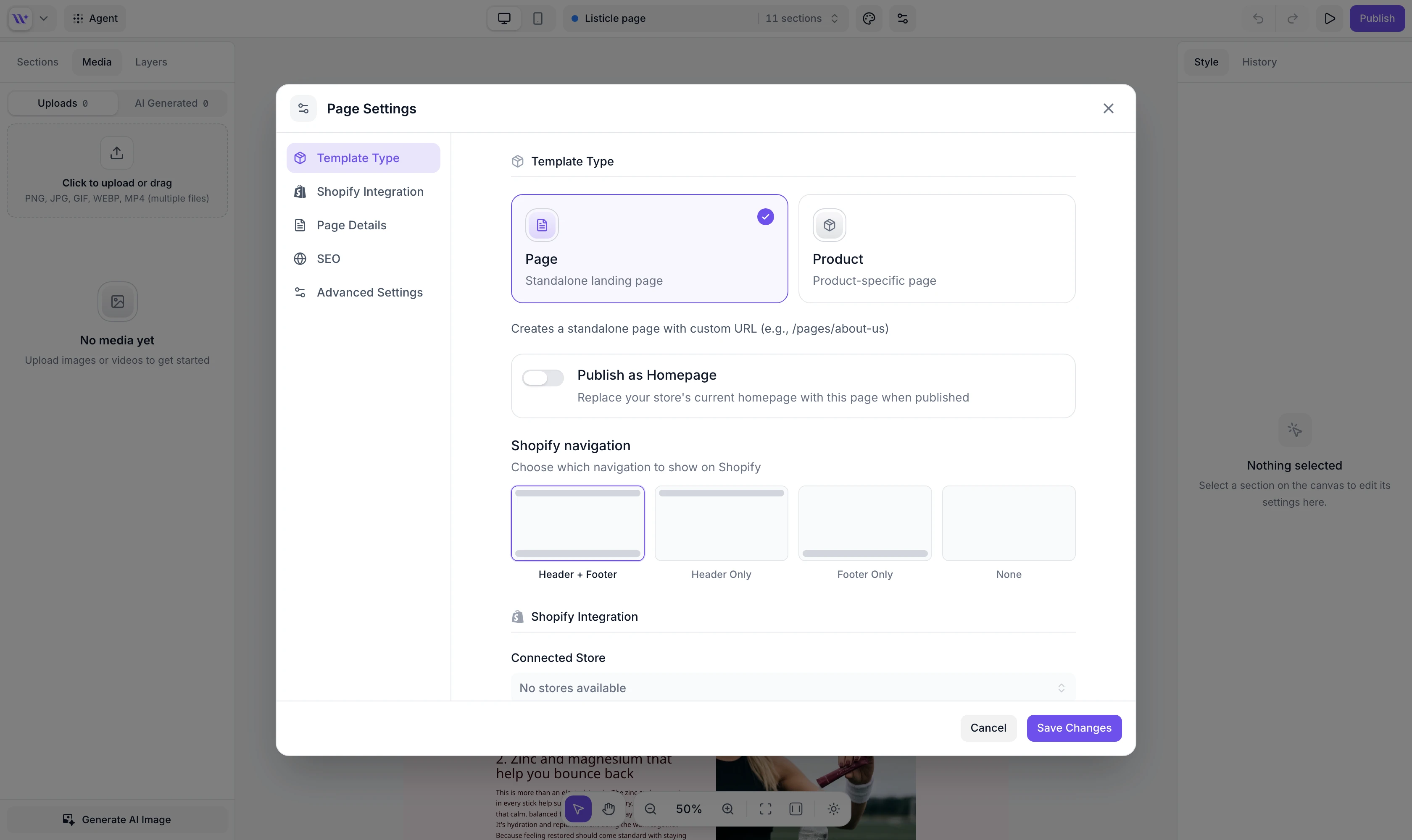 Page Settings Template Type with the Shopify navigation picker