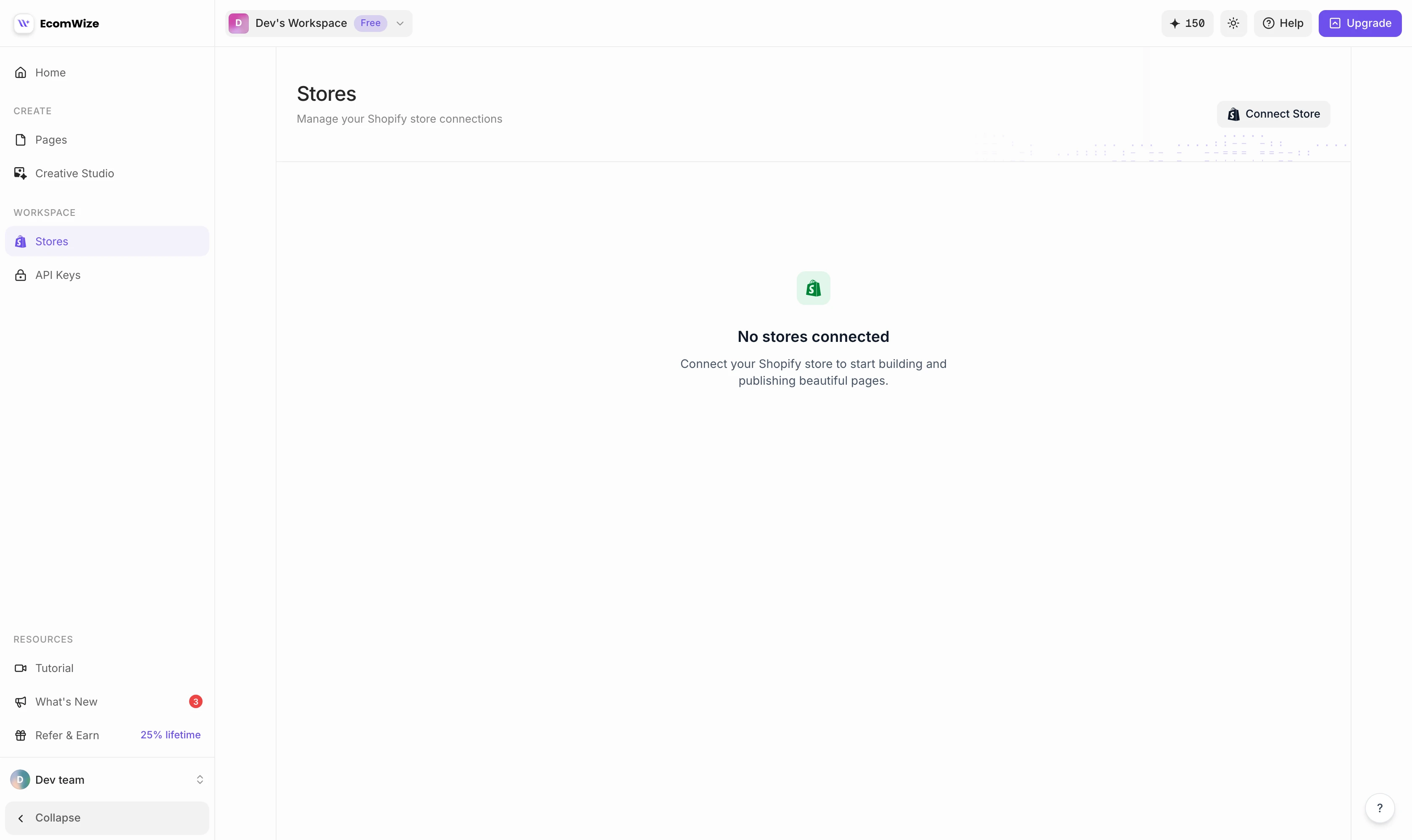EcomWize Stores page with the Connect Store button