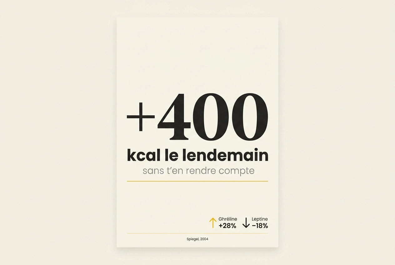 Mal dormir = +400 kcal le lendemain — le cycle s'auto-alimente.
